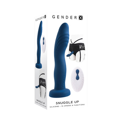 GENDER X - SNUGGLE UP VIBRATING 7 IN. DILDO AND LINGERIE-STYLE STRAP-ON HARNESS SET BLUE/BLACK