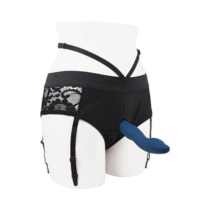 GENDER X - SNUGGLE UP VIBRATING 7 IN. DILDO AND LINGERIE-STYLE STRAP-ON HARNESS SET BLUE/BLACK