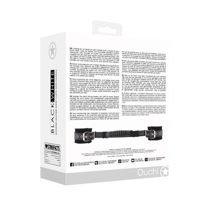 OUCH! BLACK & WHITE ADJUSTABLE BONDED LEATHER WRIST CUFFS WITH HANDLE BLACK