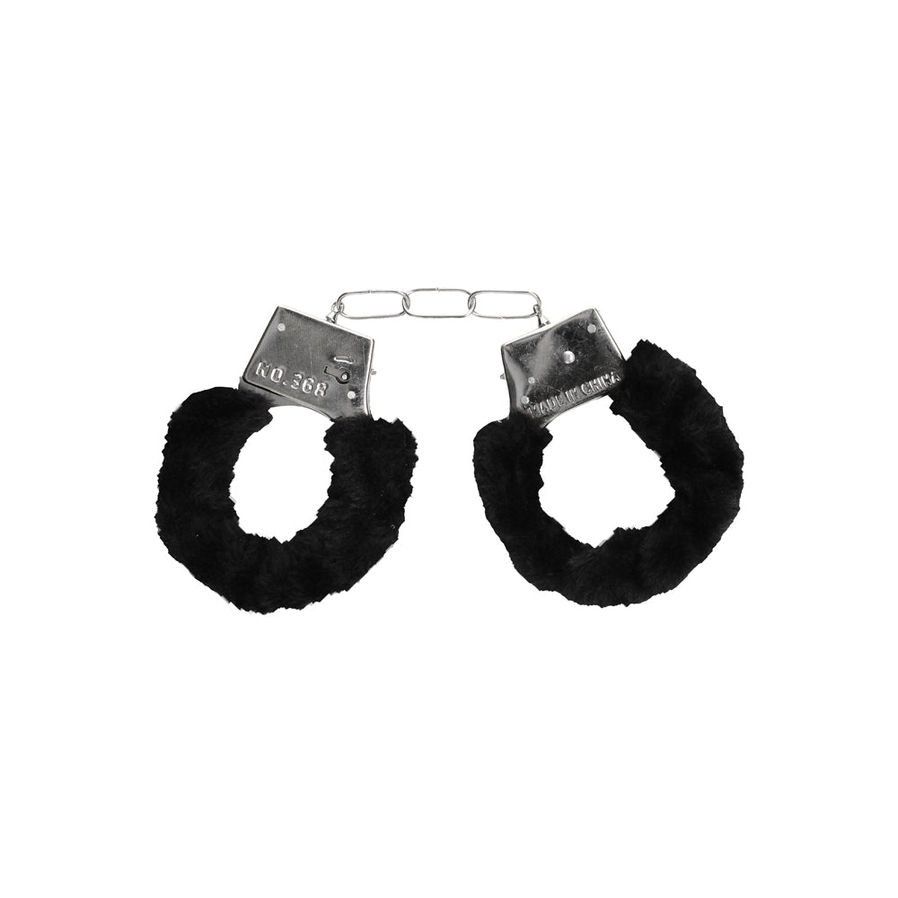 OUCH! BLACK & WHITE PLEASURE FURRY HANDCUFFS WITH QUICK-RELEASE BUTTON
