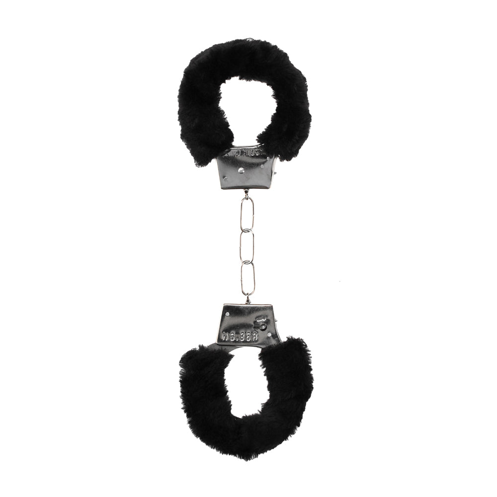 OUCH! BLACK & WHITE PLEASURE FURRY HANDCUFFS WITH QUICK-RELEASE BUTTON