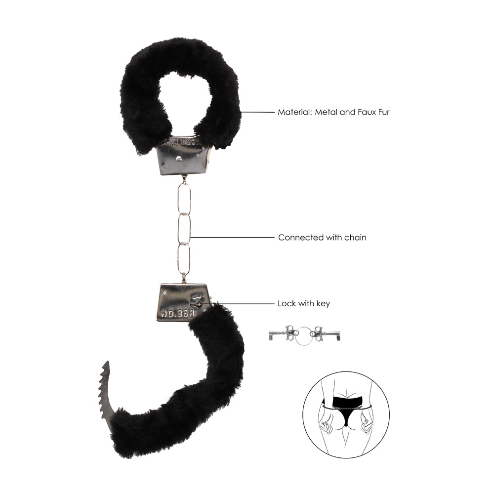 OUCH! BLACK & WHITE PLEASURE FURRY HANDCUFFS WITH QUICK-RELEASE BUTTON