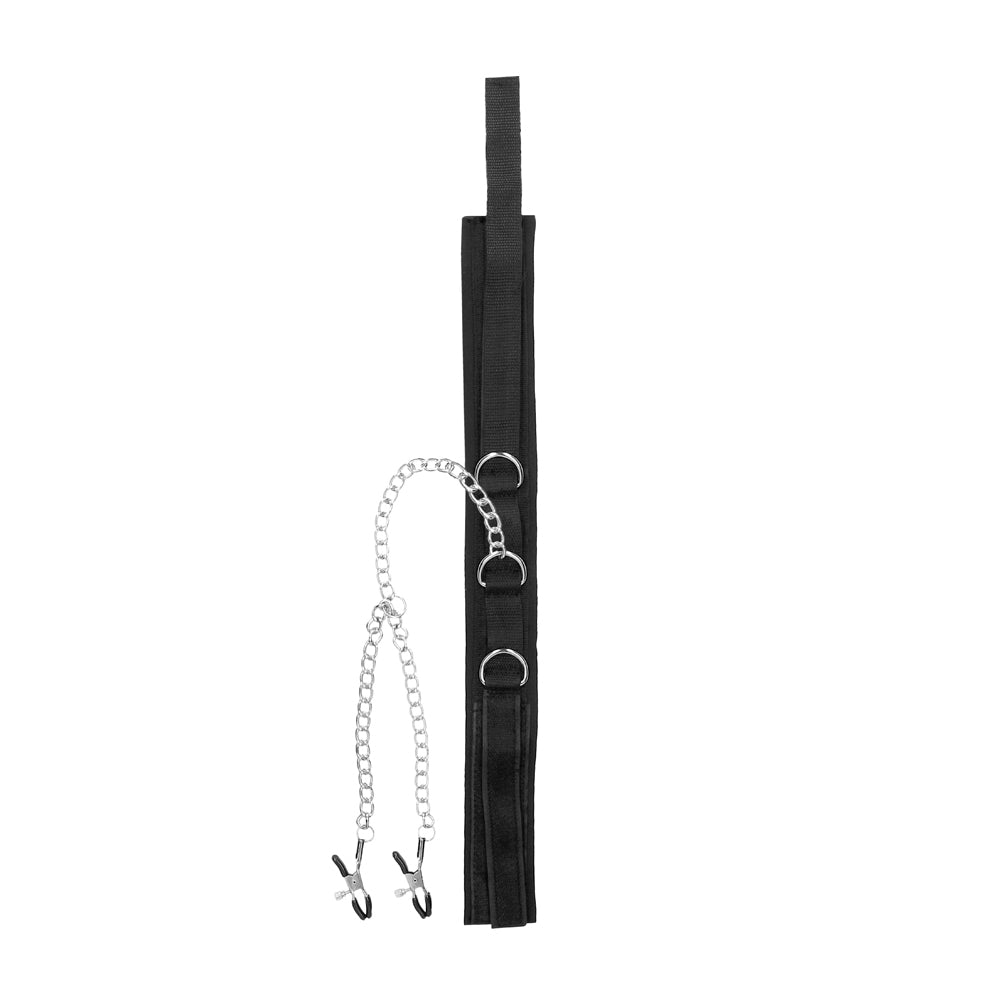 OUCH! BLACK & WHITE ADJUSTABLE VELCRO COLLAR WITH NIPPLE CLAMPS BLACK