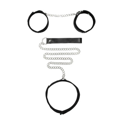 OUCH! BLACK & WHITE ADJUSTABLE VELCRO COLLAR WITH LEASH & WRIST CUFFS BLACK
