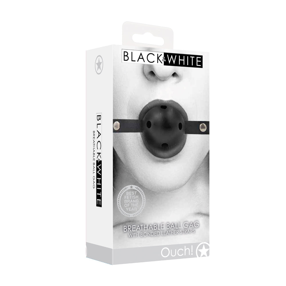 SHOTS - OUCH! BLACK & WHITE BREATHABLE BALL GAG WITH BONDED LEATHER STRAPS BLACK