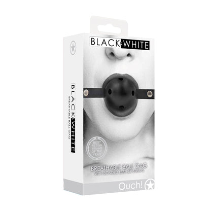 SHOTS - OUCH! BLACK & WHITE BREATHABLE BALL GAG WITH BONDED LEATHER STRAPS BLACK
