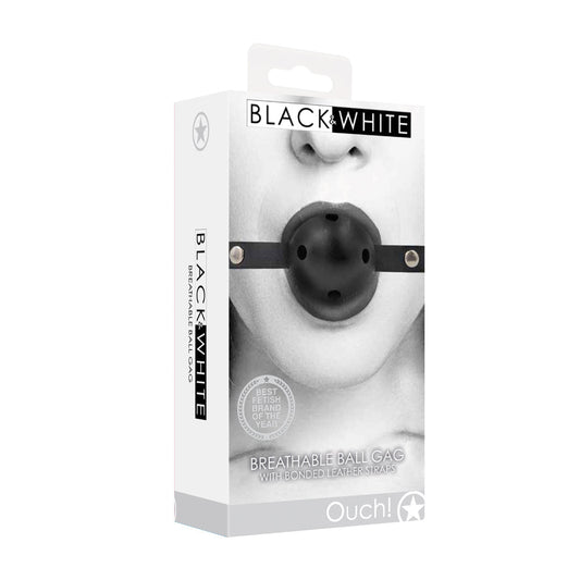 SHOTS - OUCH! BLACK & WHITE BREATHABLE BALL GAG WITH BONDED LEATHER STRAPS BLACK