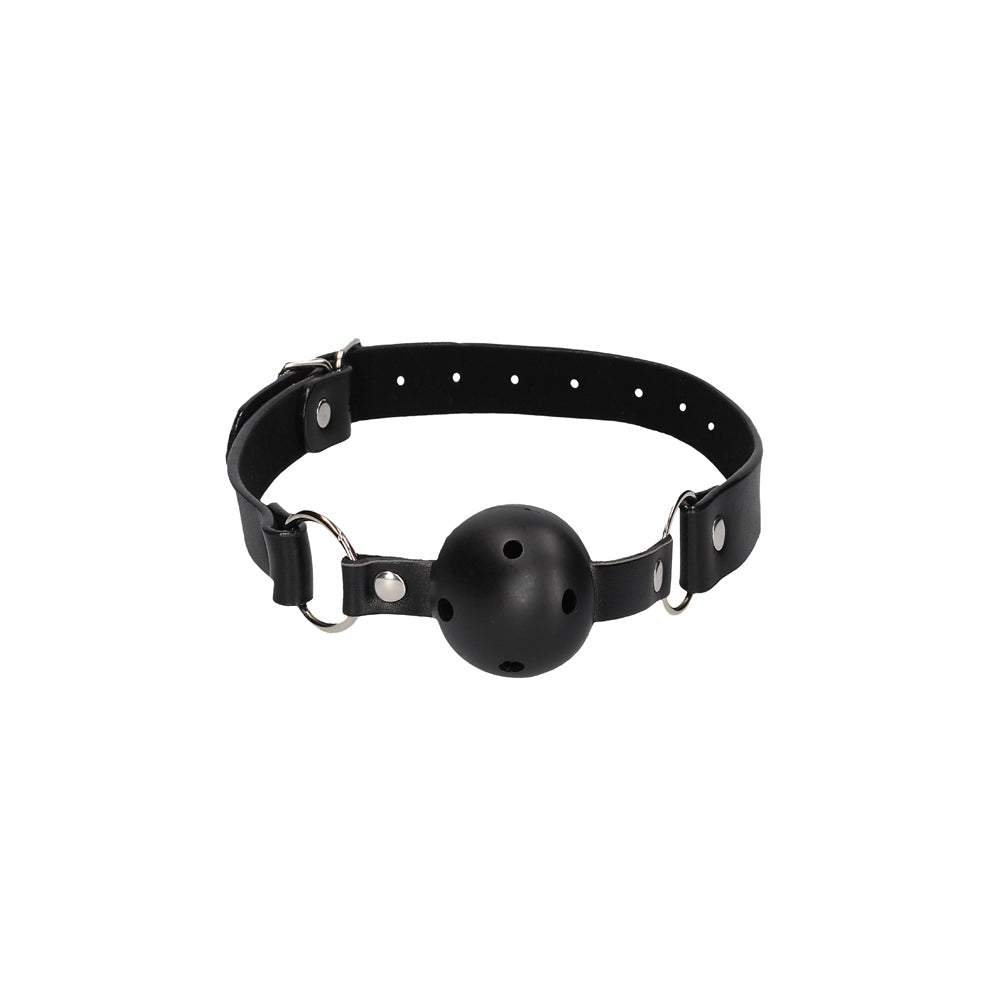 SHOTS - OUCH! BLACK & WHITE BREATHABLE BALL GAG WITH BONDED LEATHER STRAPS BLACK