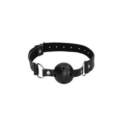 SHOTS - OUCH! BLACK & WHITE BREATHABLE BALL GAG WITH BONDED LEATHER STRAPS BLACK