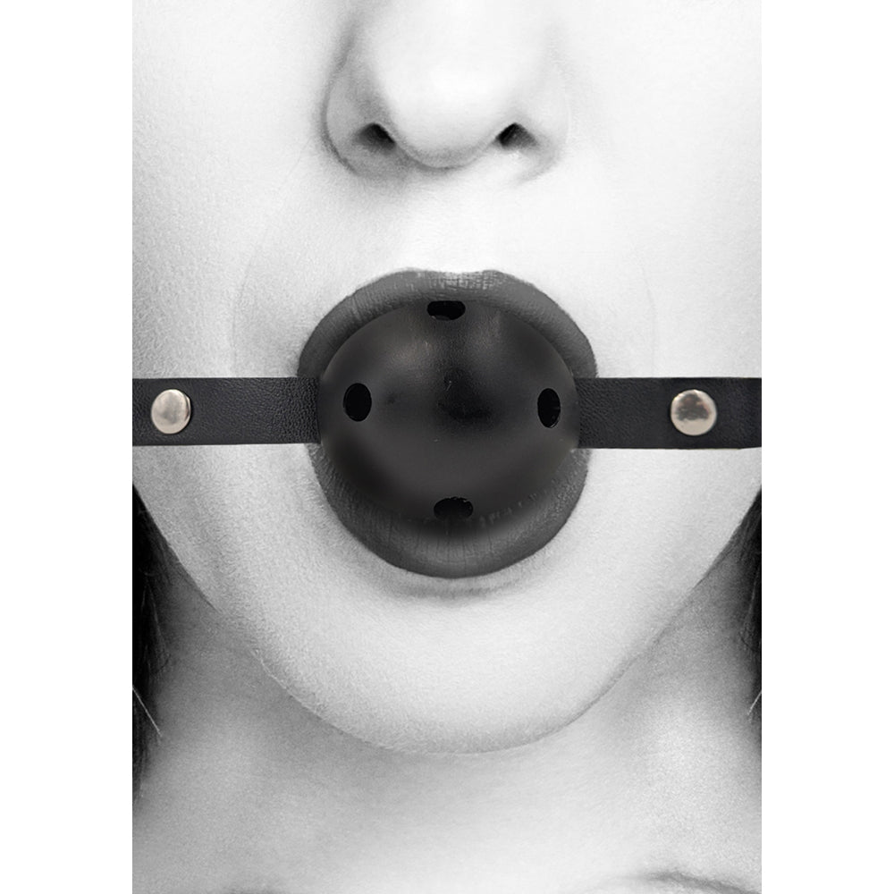 SHOTS - OUCH! BLACK & WHITE BREATHABLE BALL GAG WITH BONDED LEATHER STRAPS BLACK