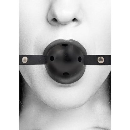 SHOTS - OUCH! BLACK & WHITE BREATHABLE BALL GAG WITH BONDED LEATHER STRAPS BLACK
