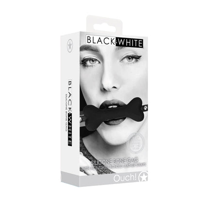OUCH! BLACK & WHITE SILICONE BONE GAG WITH ADJUSTABLE BONDED LEATHER STRAPS BLACK