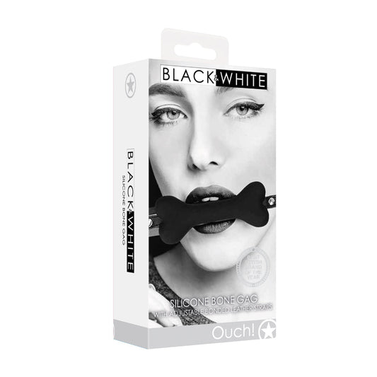 OUCH! BLACK & WHITE SILICONE BONE GAG WITH ADJUSTABLE BONDED LEATHER STRAPS BLACK