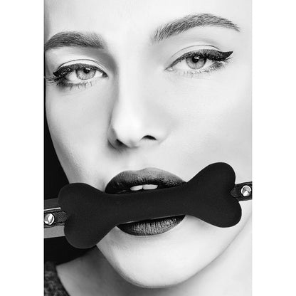SHOTS - OUCH! BLACK & WHITE SILICONE BONE GAG WITH ADJUSTABLE BONDED LEATHER STRAPS BLACK