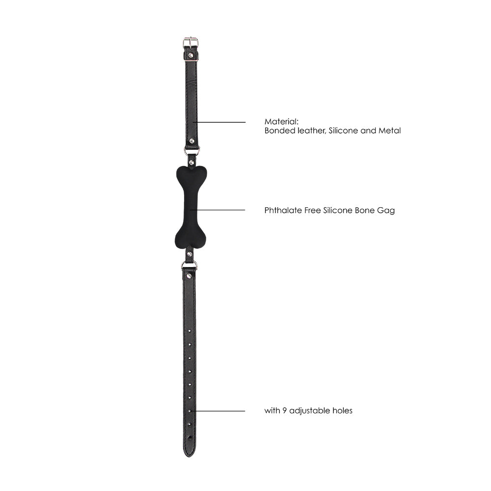 OUCH! BLACK & WHITE SILICONE BONE GAG WITH ADJUSTABLE BONDED LEATHER STRAPS BLACK