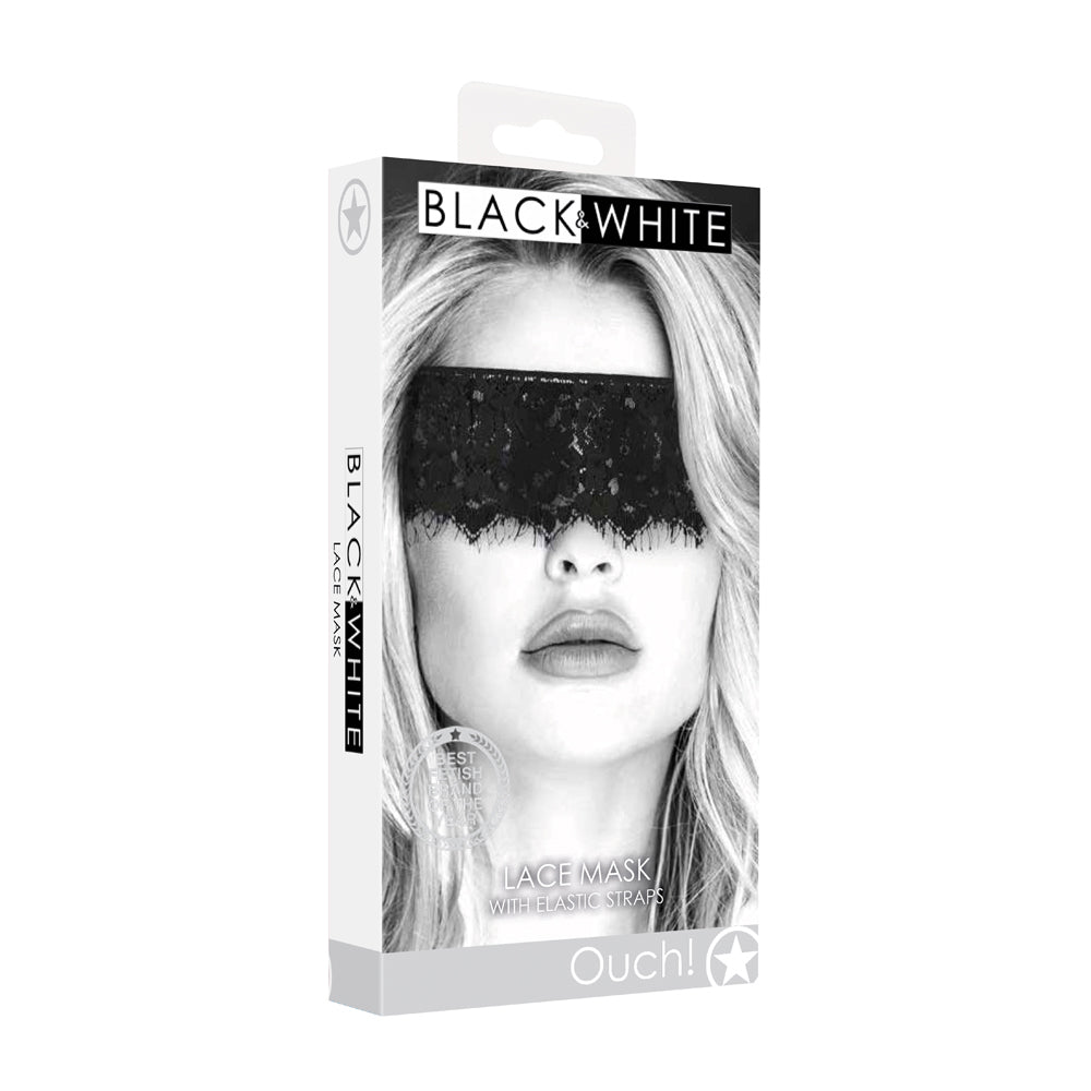 SHOTS - OUCH! BLACK & WHITE LACE MASK WITH ELASTIC STRAPS BLINDFOLD BLACK