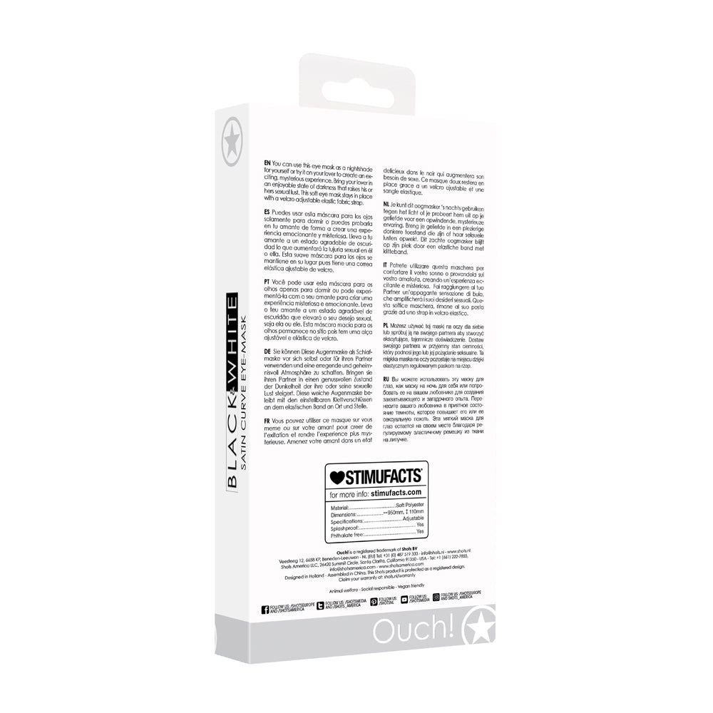 OUCH! BLACK & WHITE SATIN CURVY EYE MASK WITH ELASTIC STRAPS BLINDFOLD BLACK