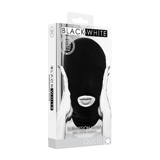 OUCH! BLACK & WHITE SUBMISSION MASK WITH OPEN MOUTH BLACK