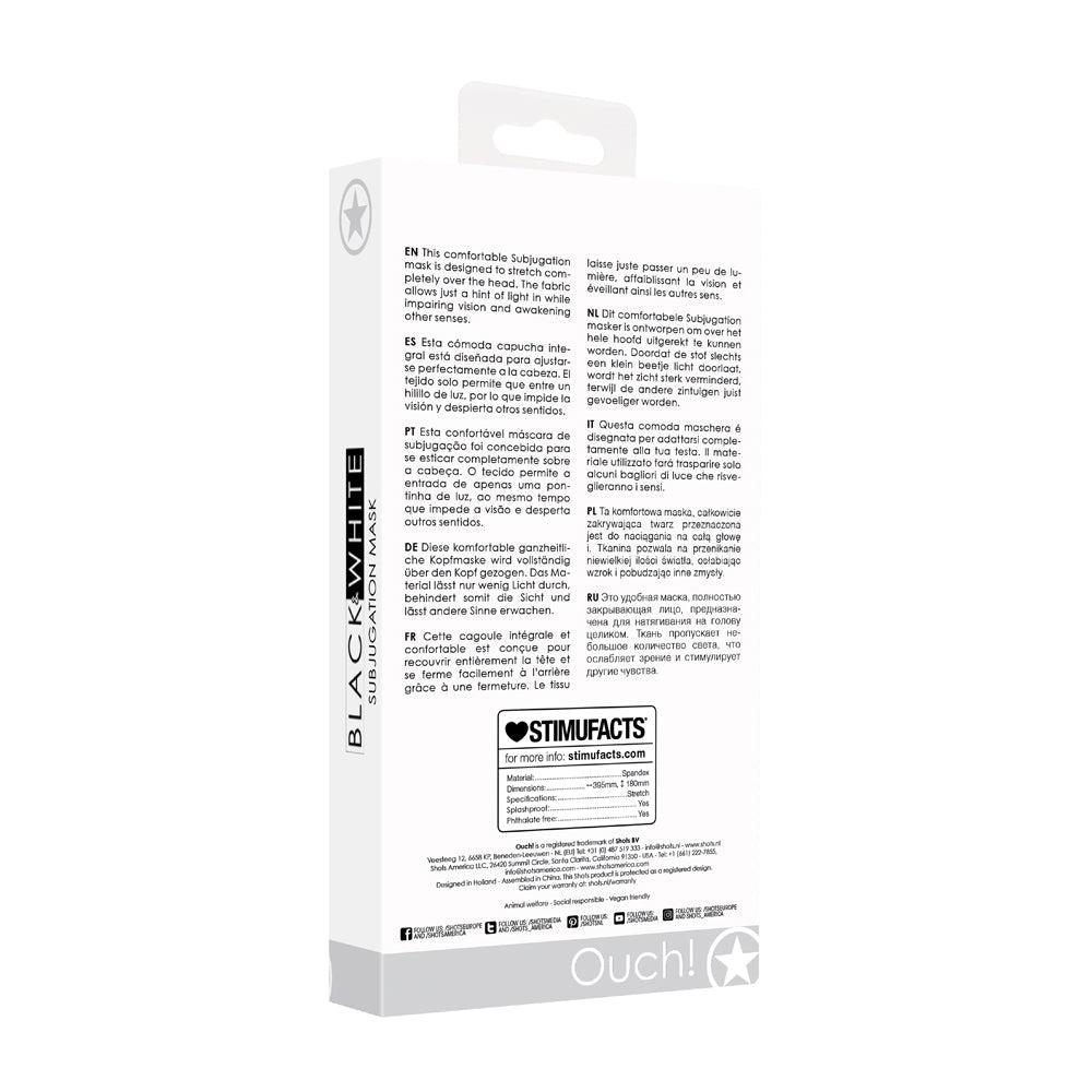 OUCH! BLACK & WHITE SUBJUGATION MASK ALLOWS JUST A HINT OF LIGHT BLACK