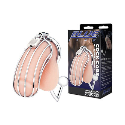 BLUE LINE COCK CAGE WITH ANAL STIMULATOR SILVER