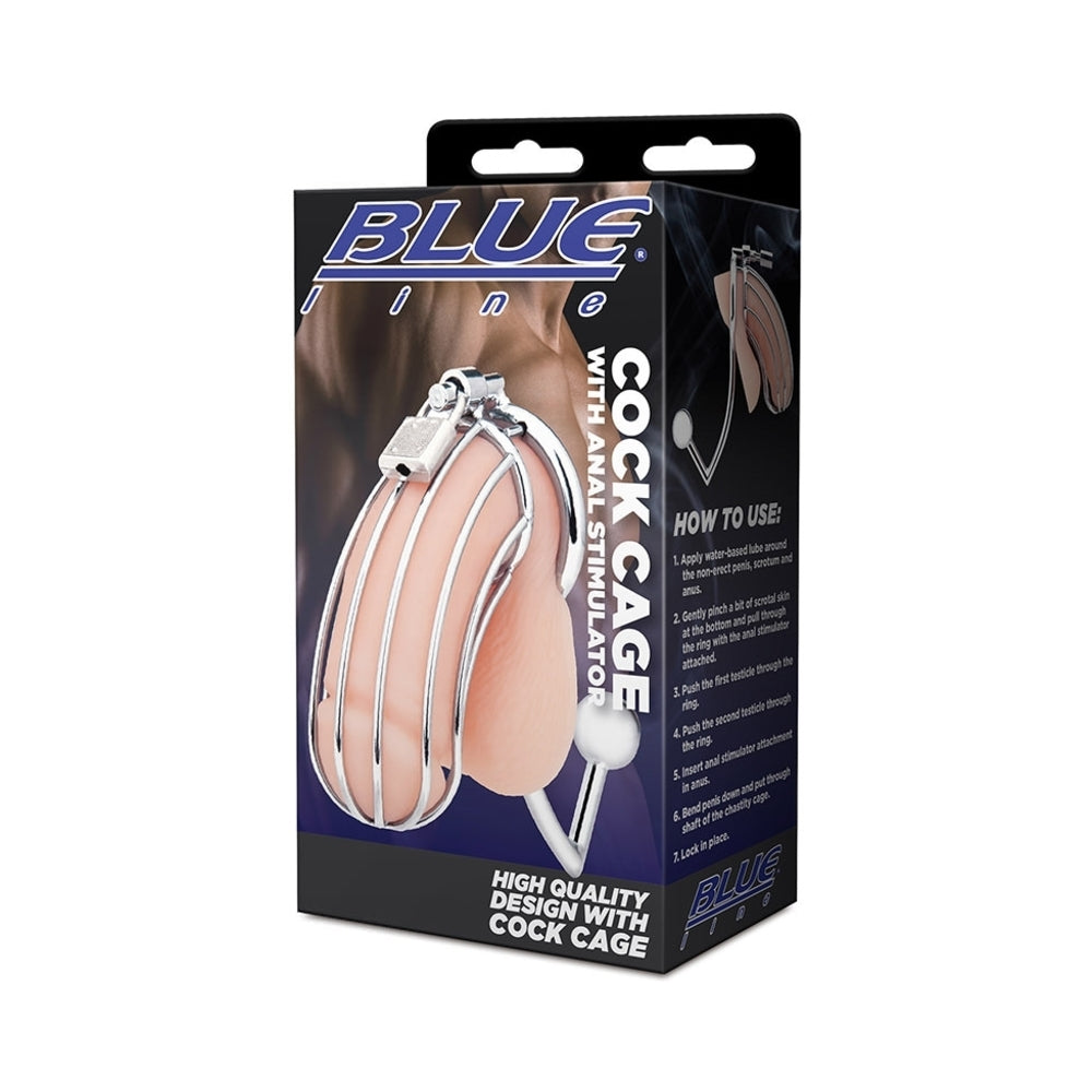 BLUE LINE COCK CAGE WITH ANAL STIMULATOR SILVER