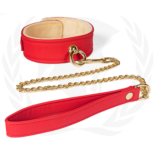 SPARTACUS PLUSH LINED PU RED COLLAR AND CHAIN LEASH