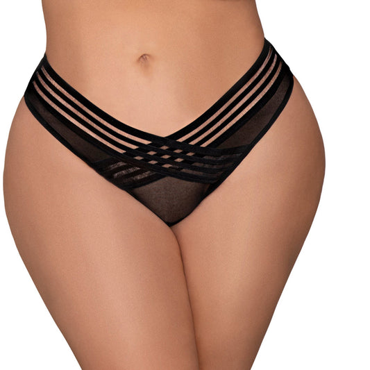 DREAMGIRL - MESH THONG WITH SHADOW STRIPE ELASTIC FRONT DETAIL BLACK 3X HANGING