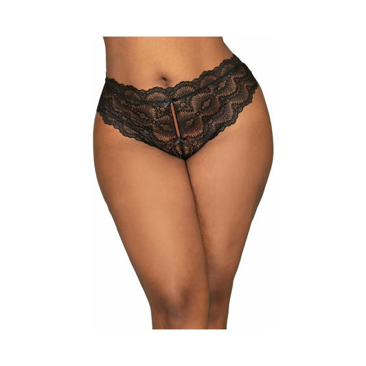 DREAMGIRL LACE TANGA OPEN-CROTCH PANTY AND ELASTIC OPEN BACK DETAIL BLACK 3X HANGING