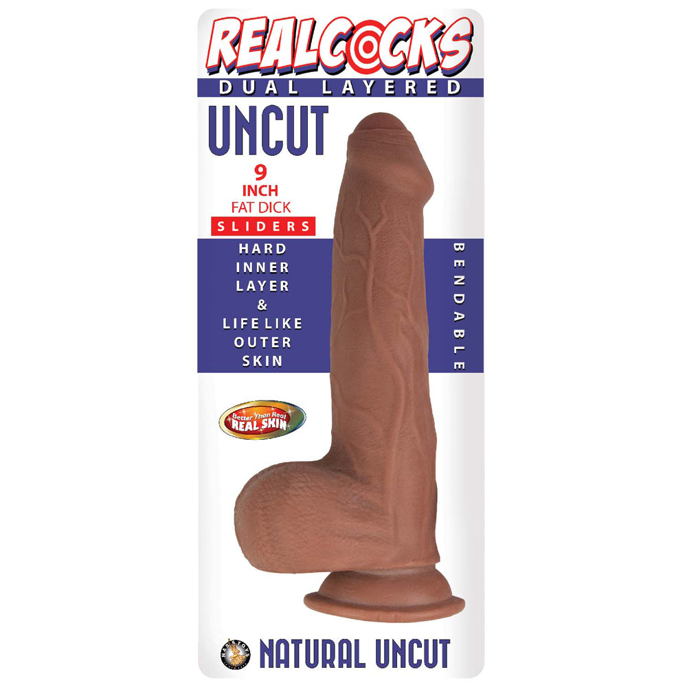 REALCOCKS DUAL LAYERED UNCUT SLIDER FAT DICK 9 IN. BROWN
