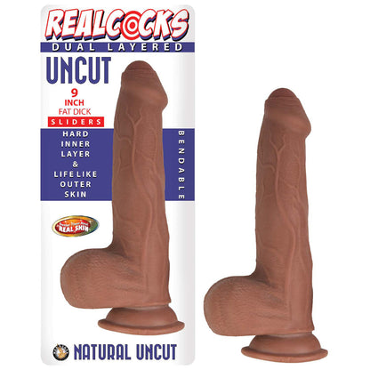 REALCOCKS DUAL LAYERED UNCUT SLIDER FAT DICK 9 IN. BROWN