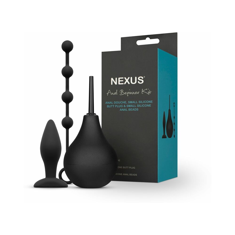 NEXUS - ANAL BEGINNER KIT WITH DOUCHE, SILICONE BEADS, SMALL SILICONE BUTT PLUG BLACK