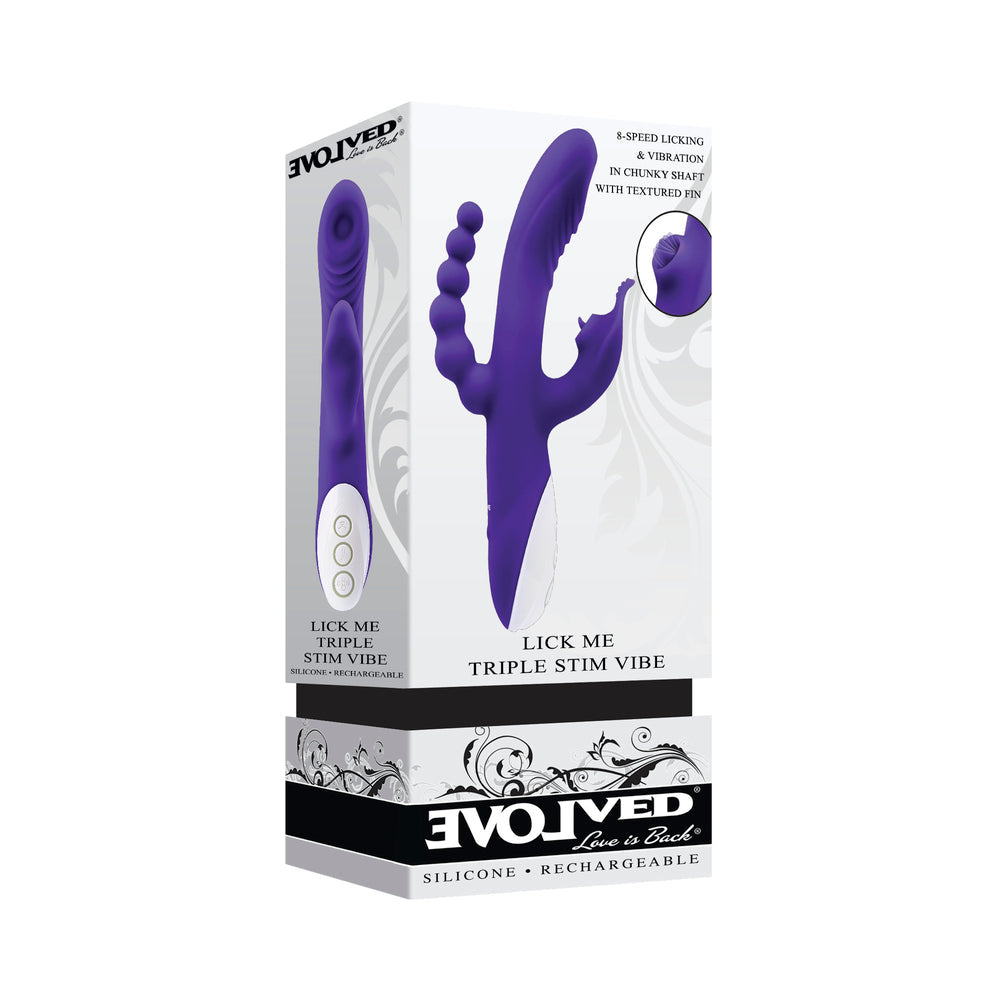 EVOLVED LICK ME RECHARGEABLE DUAL ENTRY TRIPLE STIMULATION SILICONE VIBRATOR PURPLE