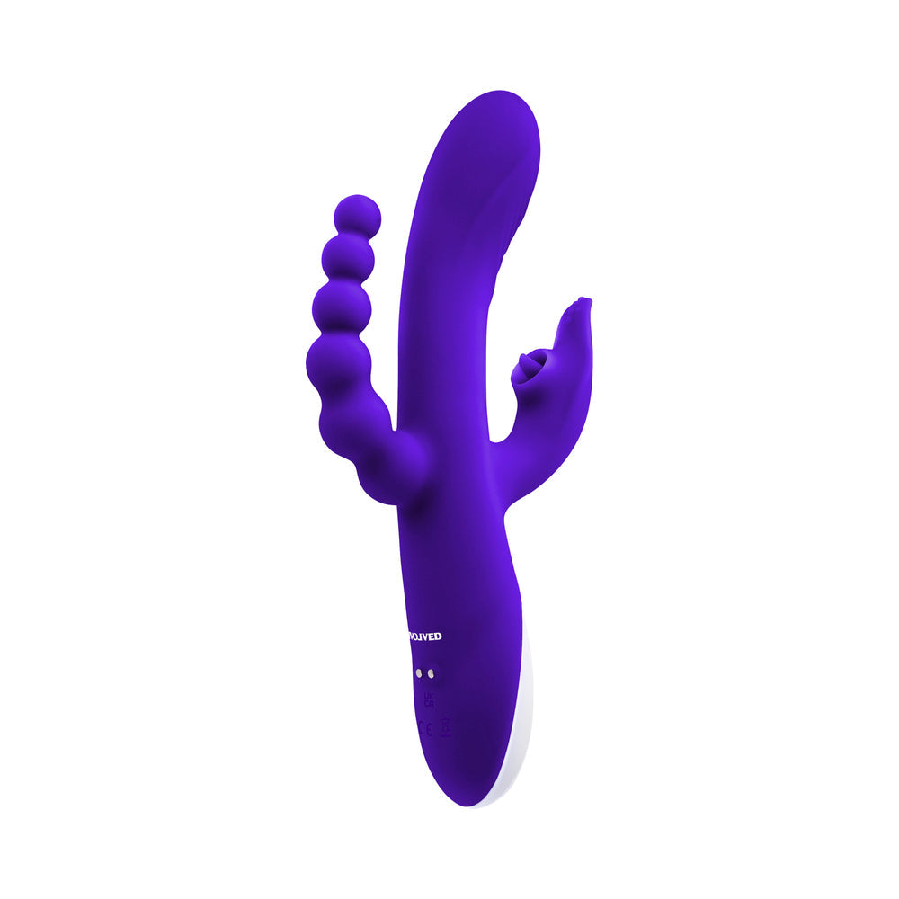 EVOLVED LICK ME RECHARGEABLE DUAL ENTRY TRIPLE STIMULATION SILICONE VIBRATOR PURPLE