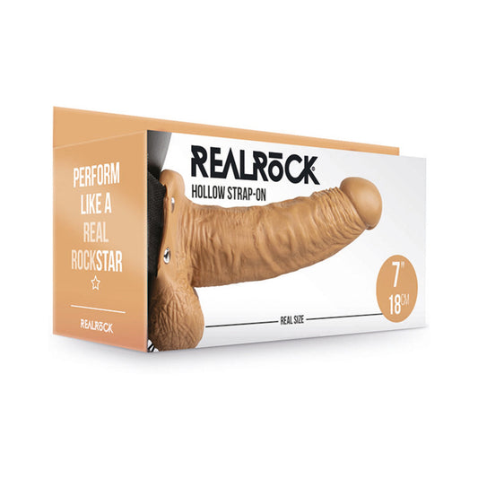REALROCK REALISTIC 7 IN. HOLLOW STRAP-ON WITH BALLS TAN
