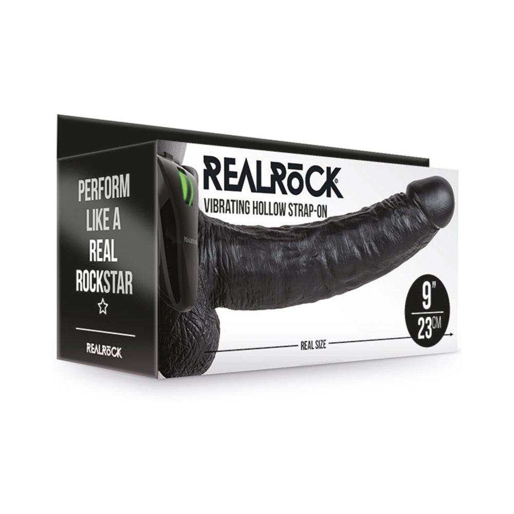 REALROCK REALISTIC 9 IN. VIBRATING HOLLOW STRAP-ON WITH BALLS BLACK