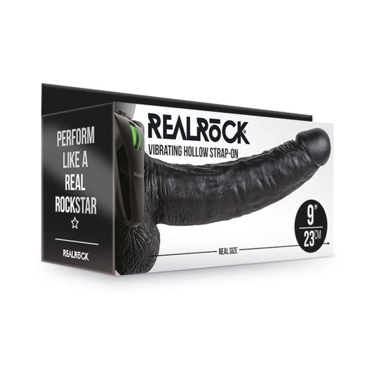 REALROCK REALISTIC 9 IN. VIBRATING HOLLOW STRAP-ON WITH BALLS BLACK