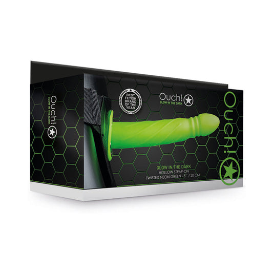 SHOTS - OUCH! TWISTED 8 IN. GLOW IN THE DARK HOLLOW STRAP-ON NEON GREEN