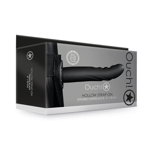SHOTS - OUCH! TEXTURED CURVED 8 IN. HOLLOW STRAP-ON BLACK
