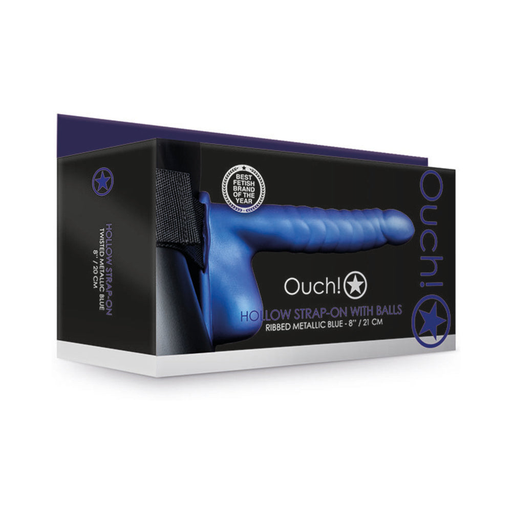 SHOTS - OUCH! RIBBED 8 IN. HOLLOW STRAP-ON WITH BALLS METALLIC BLUE
