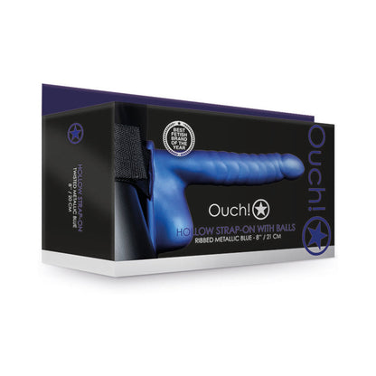 SHOTS - OUCH! RIBBED 8 IN. HOLLOW STRAP-ON WITH BALLS METALLIC BLUE