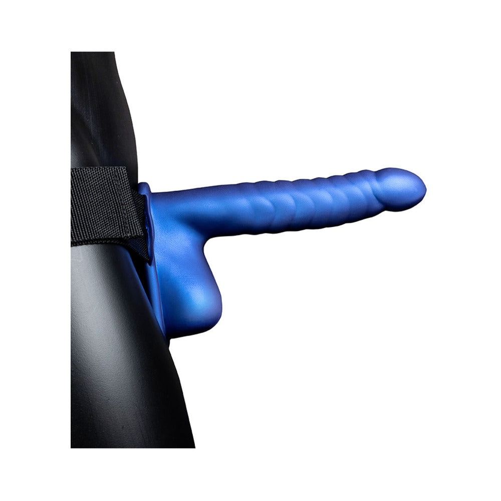 SHOTS - OUCH! RIBBED 8 IN. HOLLOW STRAP-ON WITH BALLS METALLIC BLUE