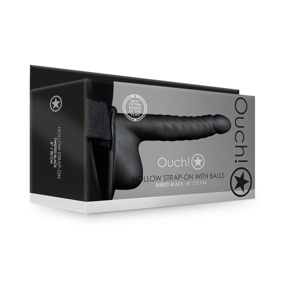 OUCH! RIBBED 8 IN. HOLLOW STRAP-ON WITH BALLS BLACK