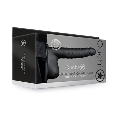 OUCH! RIBBED 8 IN. HOLLOW STRAP-ON WITH BALLS BLACK