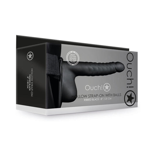 OUCH! RIBBED 8 IN. HOLLOW STRAP-ON WITH BALLS BLACK