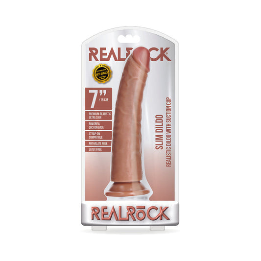 REALROCK REALISTIC 7 IN. SLIM DILDO WITH SUCTION CUP TAN