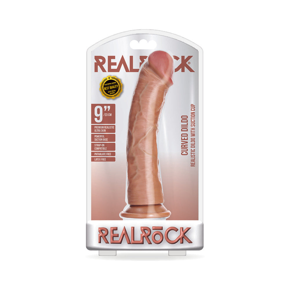 REALROCK REALISTIC 9 IN. CURVED DILDO WITH SUCTION CUP TAN