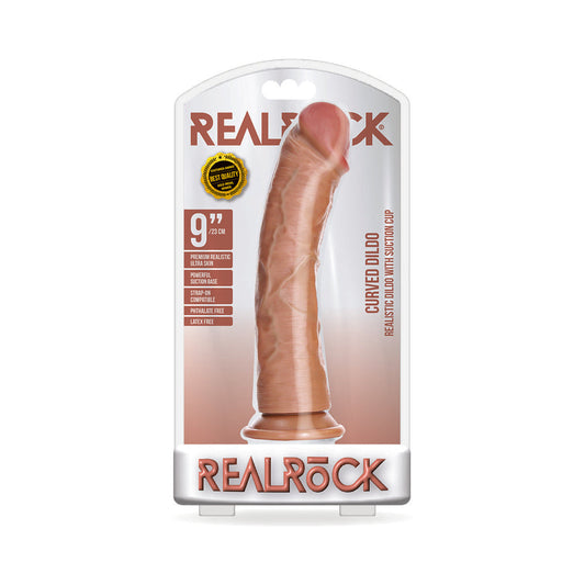 SHOTS - REALROCK REALISTIC 9 IN. CURVED DILDO WITH SUCTION CUP TAN