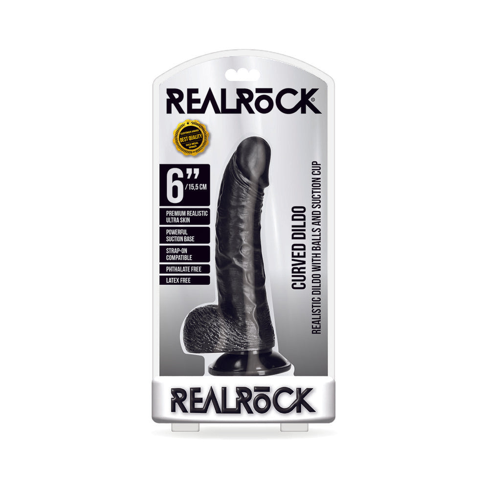 REALROCK REALISTIC 6 IN. CURVED DILDO WITH BALLS AND SUCTION CUP BLACK