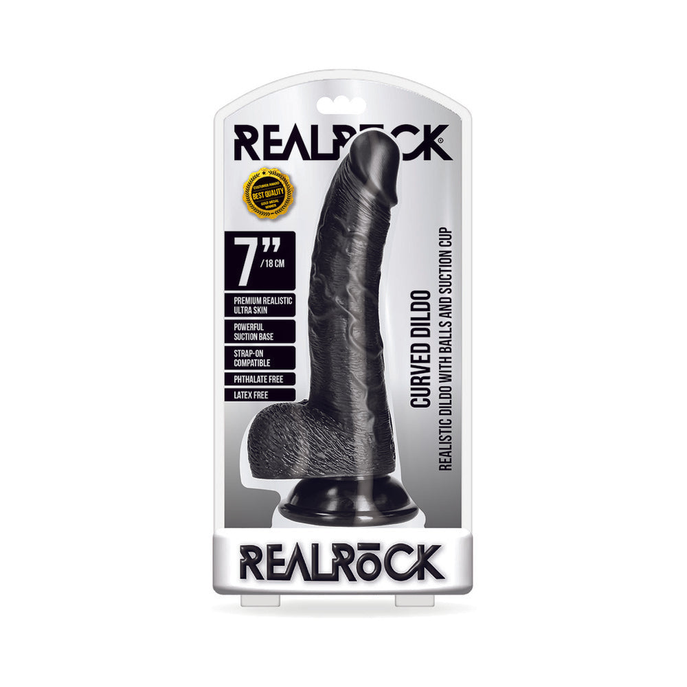 REALROCK REALISTIC 7 IN. CURVED DILDO WITH BALLS AND SUCTION CUP BLACK