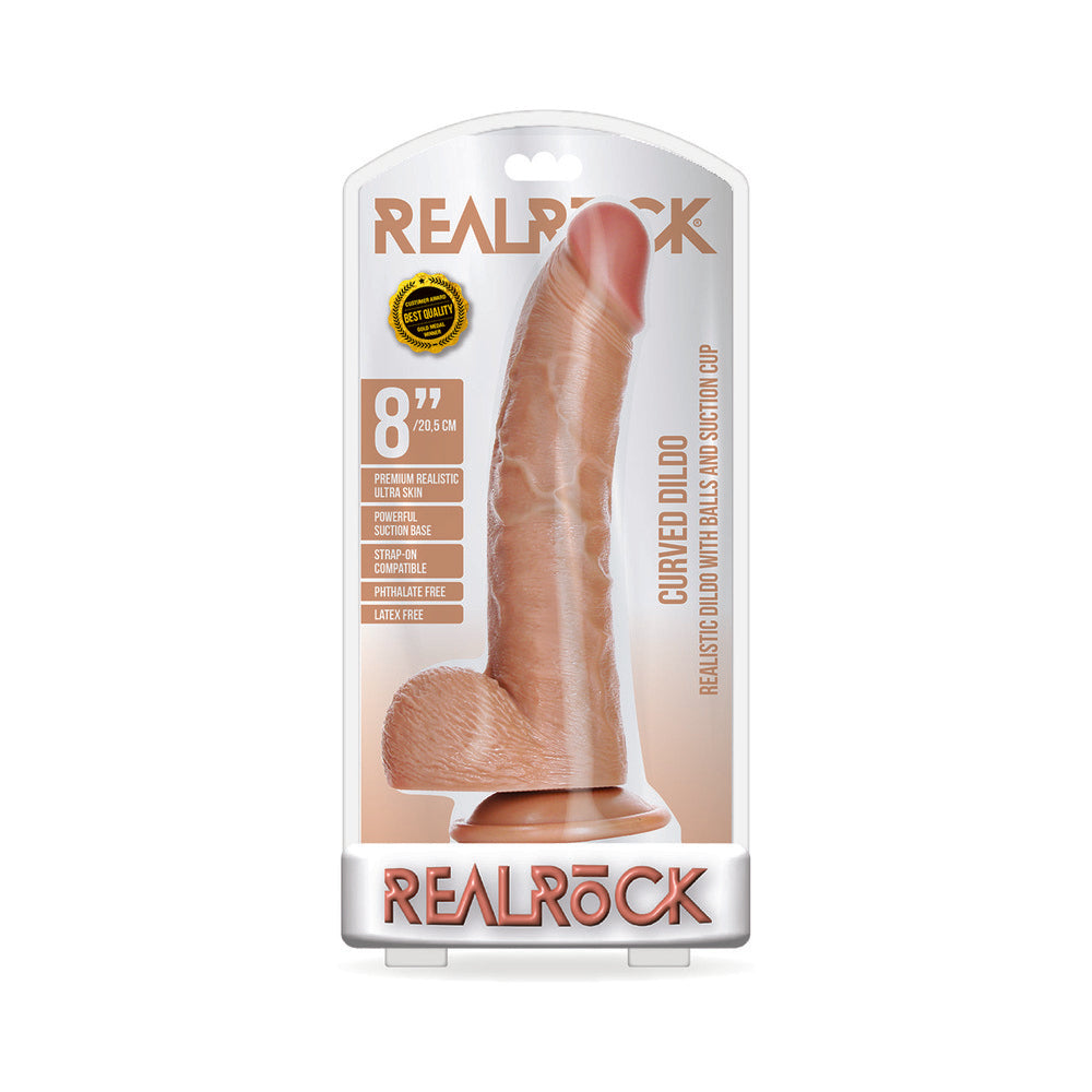 SHOTS - REALROCK REALISTIC 8 IN. CURVED DILDO WITH BALLS AND SUCTION CUP TAN